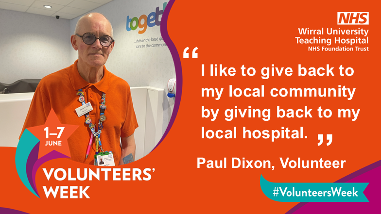 It's #VolunteersWeek and we are celebrating our brilliant volunteers. Paul Dixon is 75 and has volunteered at our Trust for over eight years. He meets and greets patients and visitors at the entrance of Arrowe Park Hospital.