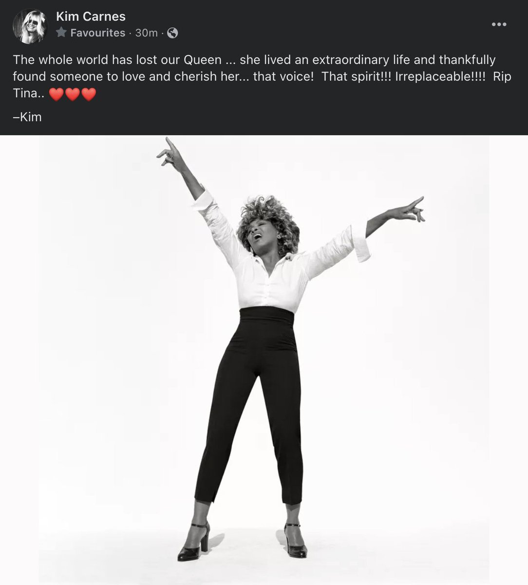 Statement from Kim Carnes on the sad passing of LEGENDARY #TinaTurner.

Currently diving into her incredible back catalogue. She was like no other - a truly unique performer and recording artist.