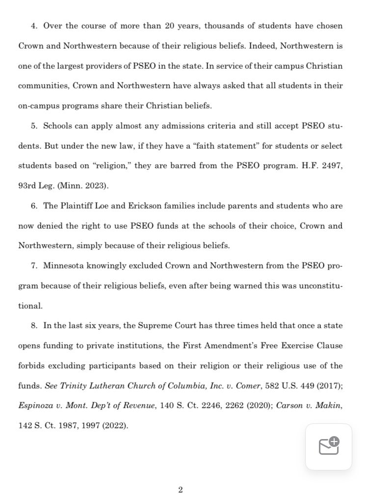 thauserkstp's tweet image. JUST IN: Two MN colleges are suing the State of MN over a new law just signed by Gov. Tim Walz. Crown College and the University of Northwestern say high school students will be barred from taking part in the Post-Secondary Enrollment Option program at the two colleges. 1/2