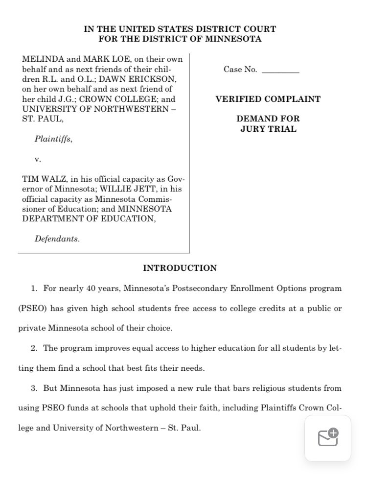 thauserkstp's tweet image. JUST IN: Two MN colleges are suing the State of MN over a new law just signed by Gov. Tim Walz. Crown College and the University of Northwestern say high school students will be barred from taking part in the Post-Secondary Enrollment Option program at the two colleges. 1/2