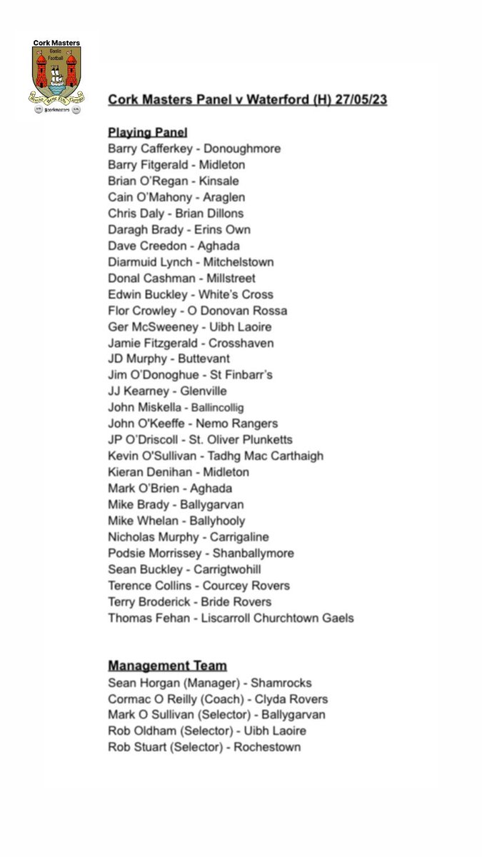 Saturday’s R2 match day panel v’s Waterford. 🏐🇲🇨

<a href="/eirdata/">Eirdata</a> #cork #gaelicfootball #corkmastersfootball #rebels #corkgaa #gaelicmastersfootball <a href="/BigRedBench/">RedFM Sport</a>