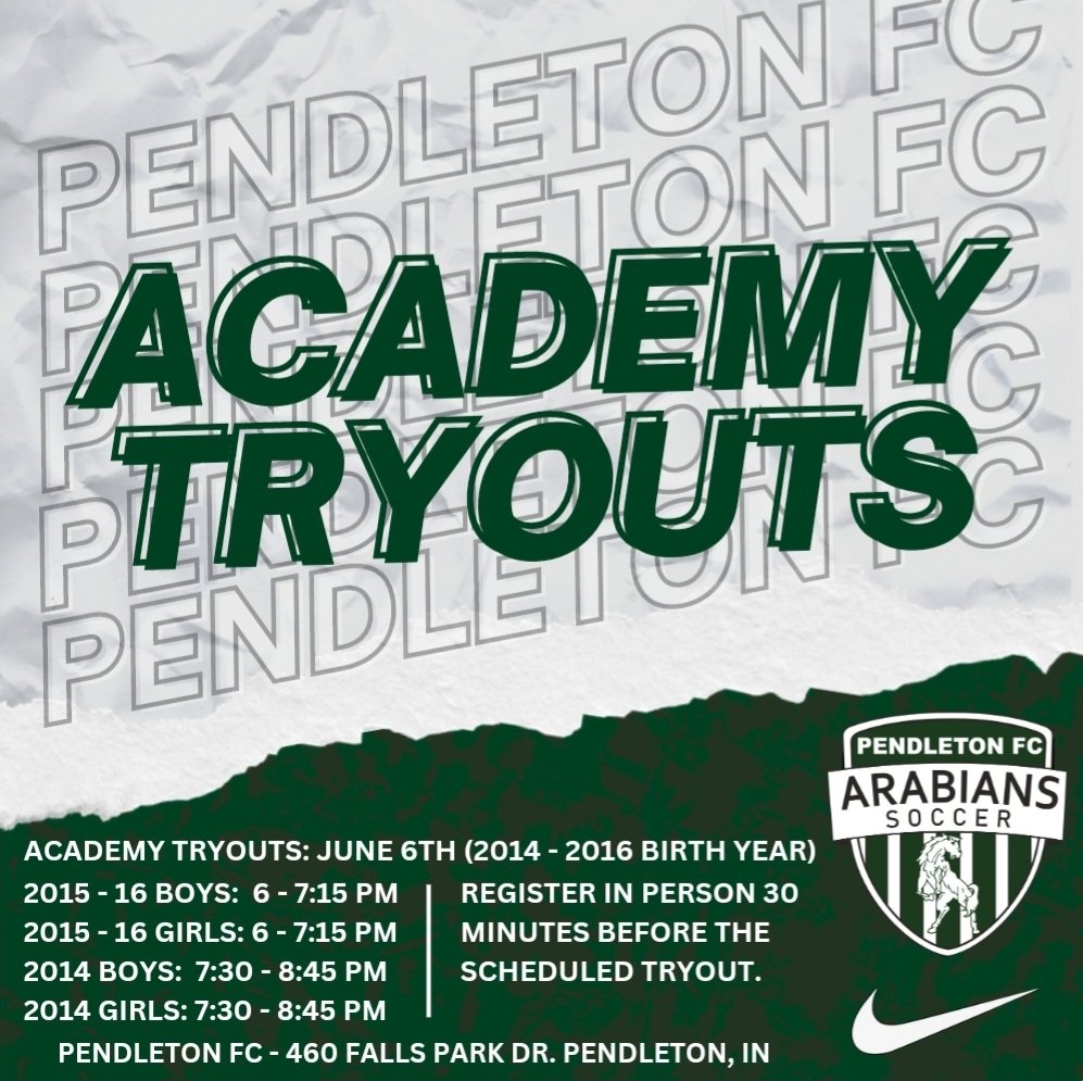 Pendleton_FC's tweet image. 2023-24 Pendleton FC Academy Tryouts, June 6th, for Boys and Girls 2014 - 2016 Birth Year. Take your love of the game to the next level in a fun, competitive, player centered environment. For more information about our Academy Program, visit our website, pendletonsoccer.com.