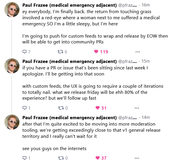 pokermask_xyz's tweet photo. According to Paul Frazee, the official launch of @bluesky might be approaching, as he claims the social media app is "getting exceedingly close to that v1 general release territory".
#Bluesky #BlueskySocial #Bsky #ATProtocol https://t.co/tEkNSBKlus