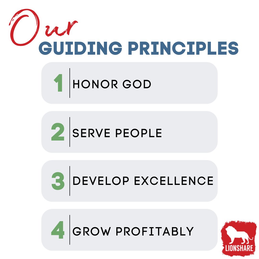 Lionshare's Guiding Principles are

1. Honor God
2. Serve People
3. Develop Excellence
4. Grow Profitably

#lionshare #creativeagency #advertisingagency #advertising #guidingprinciples #missionstatement #honorgod #servepeople #developexcellence #growprofitably