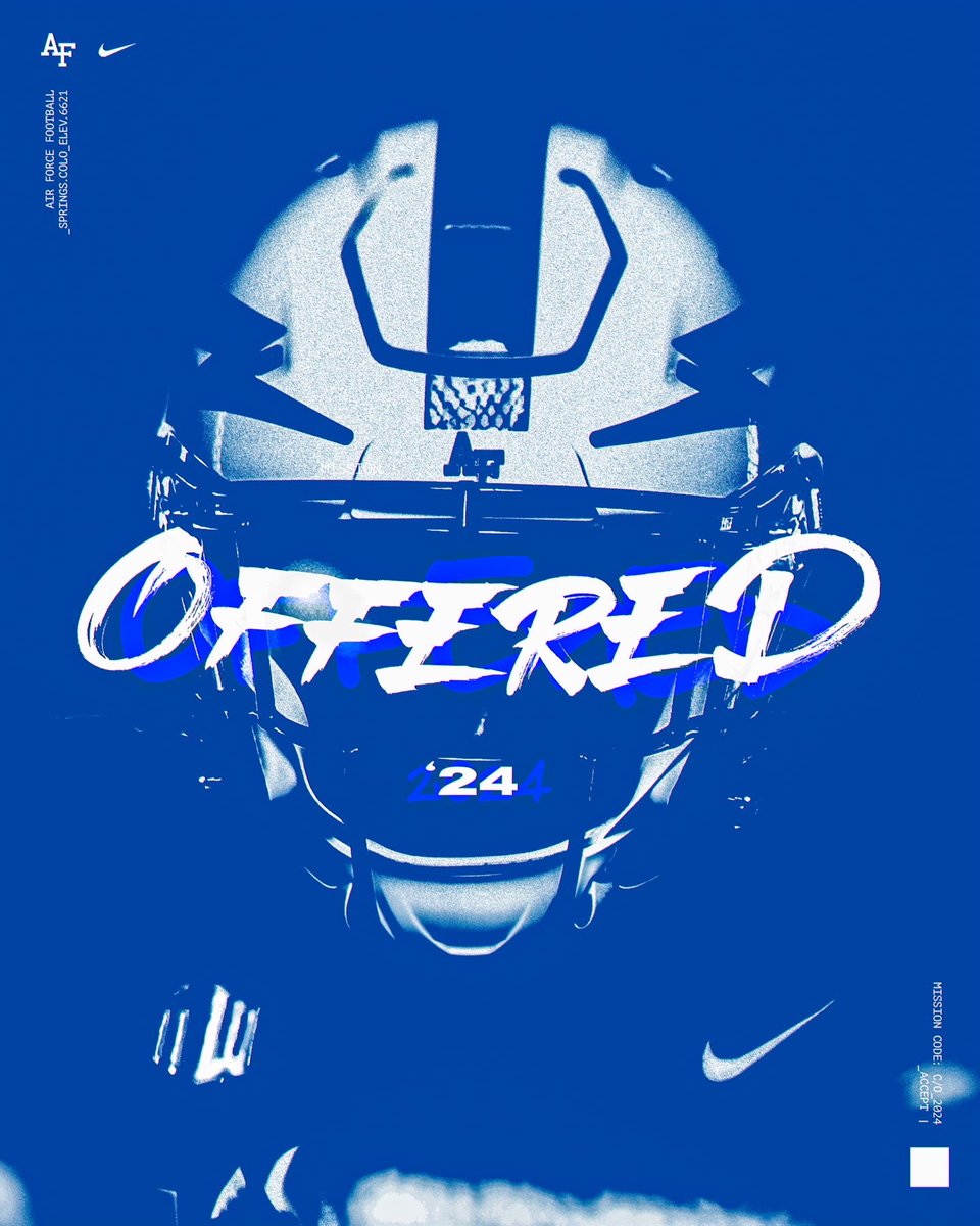 After a great talk with coach <a href="/Brian_Knorr/">Brian Knorr</a> and  <a href="/CoachLobotzke/">Steed Lobotzke</a> I am blessed to receive an offer from Air Force Academy <a href="/AF_Football/">Air Force Football</a>