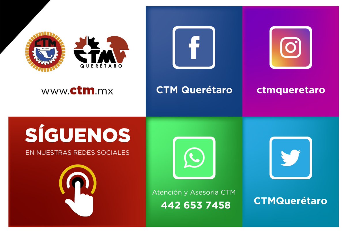 CTMQueretaro's tweet photo. ¡SÍGUENOS!
Conoce nuestras Redes Sociales
#todossomosctm #equipoctm #CTMInforma #ConTodo #ActitudCTM #CTM #ctmquerétaro #Querétaromx #Querétaro #SanJuandelRío #corregidoraqro #PedroEscobedo #ElMarquesQueretaro #mexico https://t.co/sG9x0IXnRl