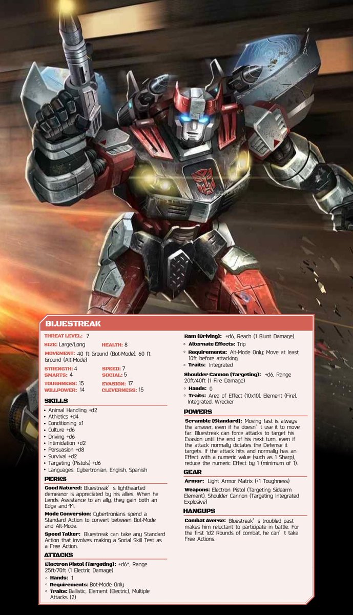 OkeeeeyOK's tweet photo. Thread of all of my homebrewed NPC stat blocks for the Transformers RPG so far:
Blaster, Bluestreak, Brawn, Bumblebee
#Transformers #TransformersRPG https://t.co/swC6WmzA8S