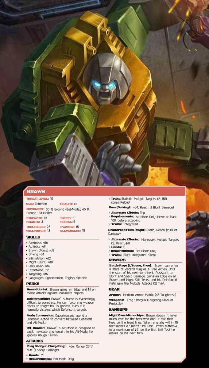 OkeeeeyOK's tweet photo. Thread of all of my homebrewed NPC stat blocks for the Transformers RPG so far:
Blaster, Bluestreak, Brawn, Bumblebee
#Transformers #TransformersRPG https://t.co/swC6WmzA8S
