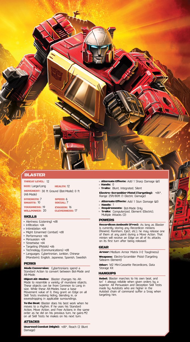 OkeeeeyOK's tweet photo. Thread of all of my homebrewed NPC stat blocks for the Transformers RPG so far:
Blaster, Bluestreak, Brawn, Bumblebee
#Transformers #TransformersRPG https://t.co/swC6WmzA8S
