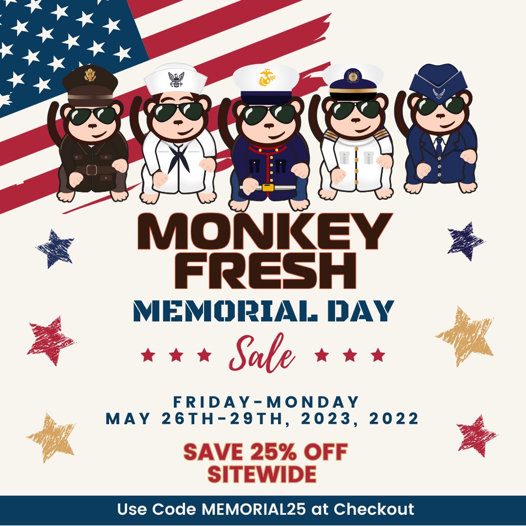 ShopMonkeyFresh's tweet photo. Get #Fresh #gear for your #car and #stye with our #RED, WHITE AND FRESH #MemorialDay #SALE
Friday-Monday • May 26th-May 29th, 2023
Save 25% OFF on all #MonkeyFresh #AirFresheners and #apparel when you #shop https://t.co/zgnybGiUrj
Use Code MEMORIAL25 at #checkout #shoponline https://t.co/Y8zBypWKUs