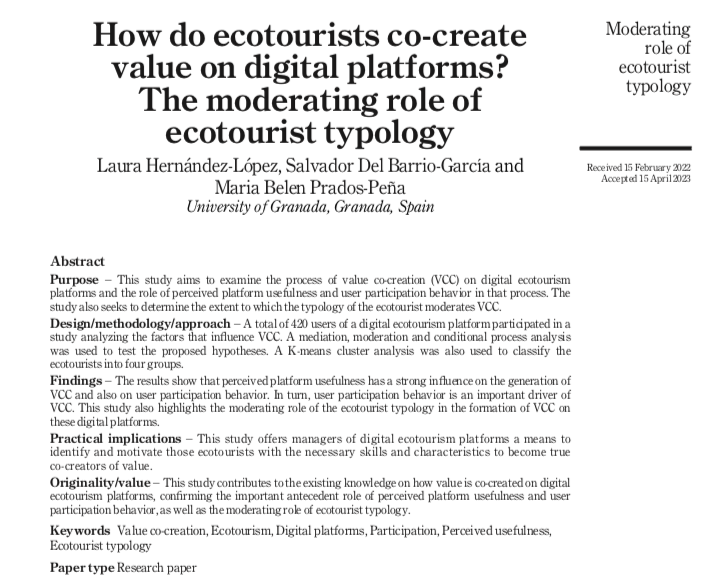SdelBarrio's tweet photo. We have just published our latest article, which aims to explore the process of value co-creation in digital ecotourism platforms and the extent to which the ecotourist typology moderates this process
#Valuecocreation #ecotourism #digitalplatforms
https://t.co/kWEbJgrb32 https://t.co/CYKr05aMZH