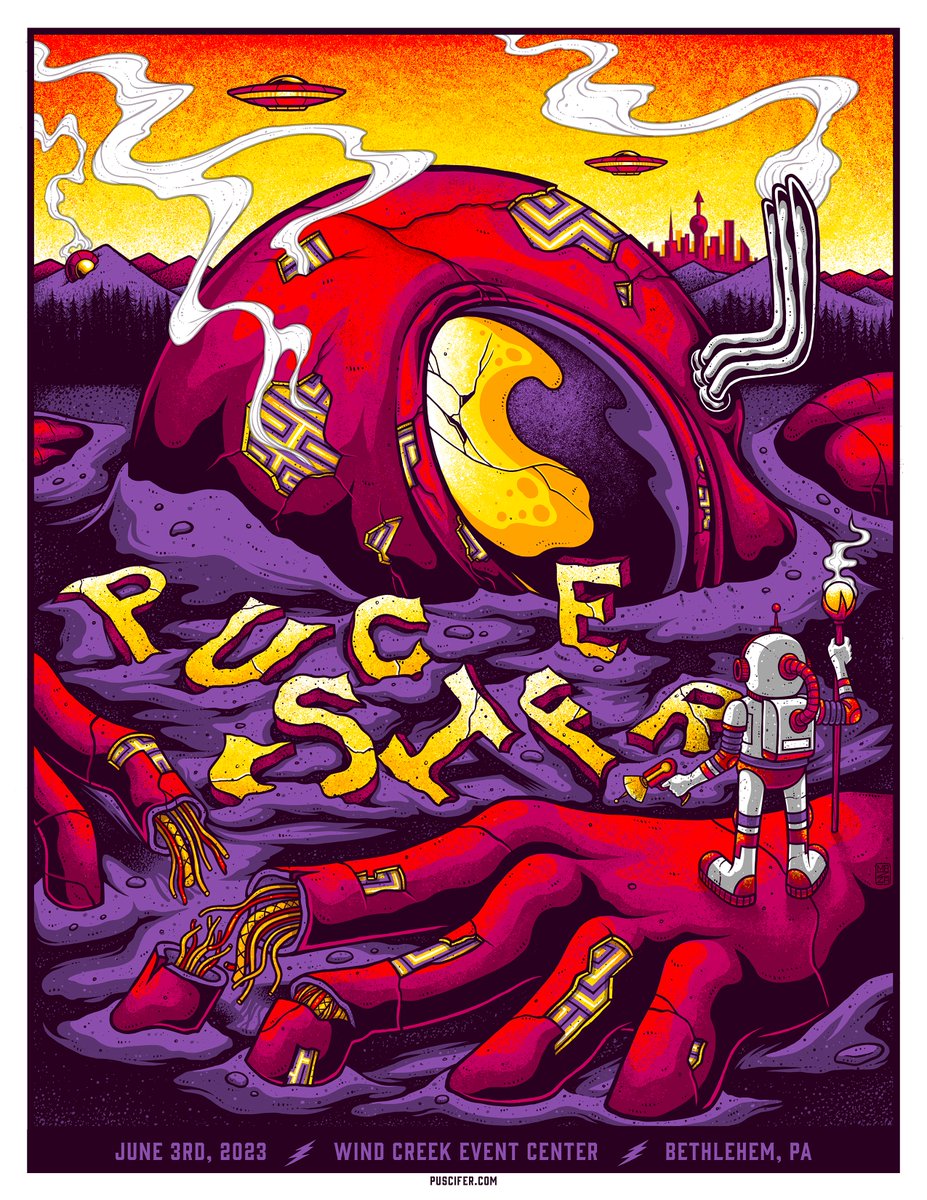 puscifer's tweet image. Tonight's poster for Bethlehem by @MazzaArt. Ltd ed of 180 regular &amp;amp; 25 foil, the poster will be at the merch booth, w/ some signed by the band. Tonight's ER vinyl variant (50 copies) &amp;amp; show tee will also be at the merch booth. #puscifer @mjkeenan @carinaround #matmitchell