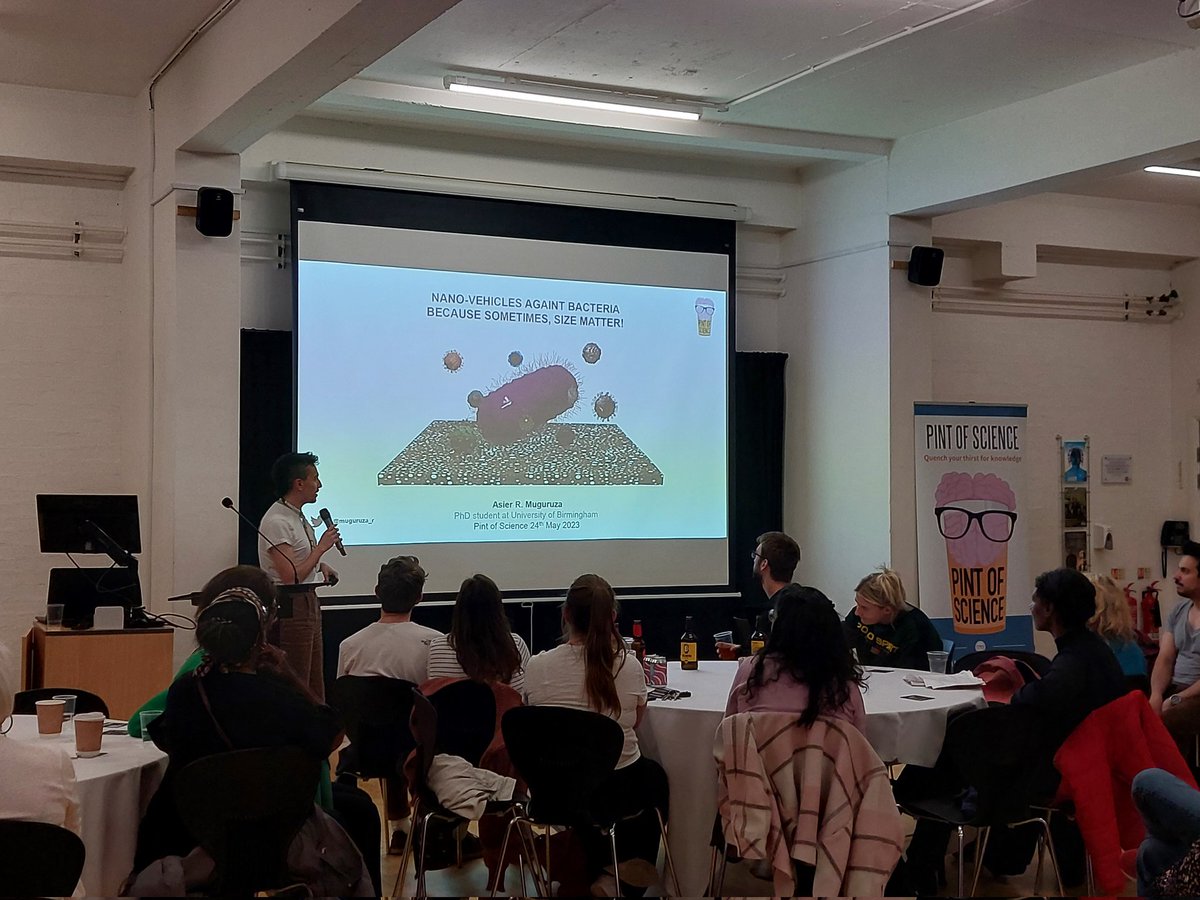 JessHawkinsChem's tweet photo. After a *small* technical issue... we are back! Final talk for 2023🥺 at the MAC from @muguruza_r 
#pint23 @pintofscience https://t.co/UW9dNUdA63