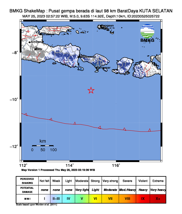 #Gempa (UPDATE) Mag:5.0, 25-Mei-23 02:57:22 WIB, Lok:9.63 LS, 114.92 BT (Pusat gempa berada di laut 98 km BaratDaya KUTA SELATAN), Kedlmn:10 Km Dirasakan (MMI) III Kuta, III Lombok Barat, III Mataram, II Denpasar #BMKG