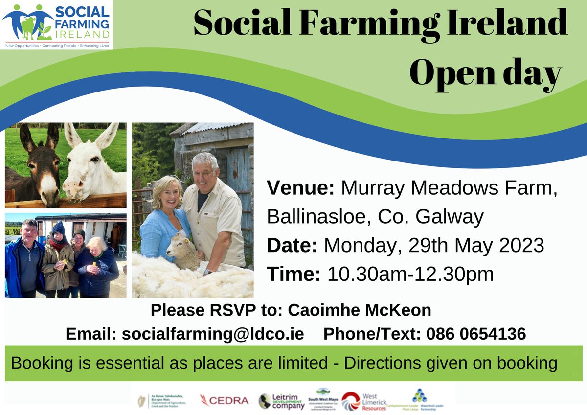 We are looking forward to welcoming all to our Open Day on the #socialfarm of Gallagher's near Ballinasloe #Galway on Monday next. There's still time to find out more or book in with Caoimhe just email sociafarming@ldco.ie or call 071-9641772