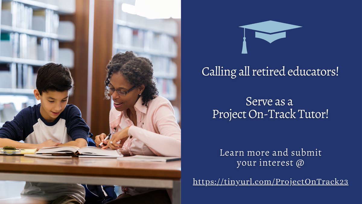 Calling all retired educators! Join us! 17 school districts serving 6000 students across 100 sites in East TN! Be a part of this amazing work and serve as a Project On-Track tutor! Learn more tinyurl.com/ProjectOnTrack… #TNAllCorps #AllMeansAll