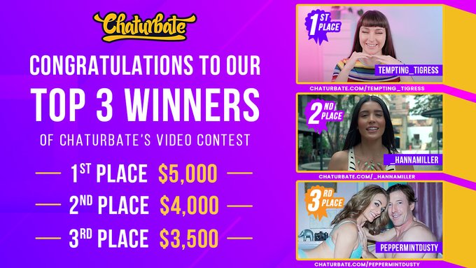 Let's give a big round of applause to the top 3 winners of Chaturbate's Video Contest! We express our