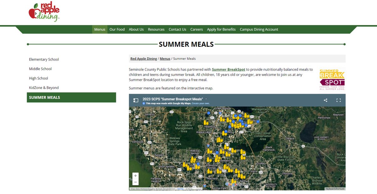 RedAppleDining's tweet photo. Our Summer BreakSpot interactive map is now available! ☀️

Starting May 30, SCPS and Summer BreakSpot are partnering to provide FREE breakfast and lunch meals to children and teens 18 and under. View menus and find a nearby location using the link below.

https://t.co/Cjjp4VJCob https://t.co/MFUr213SRl