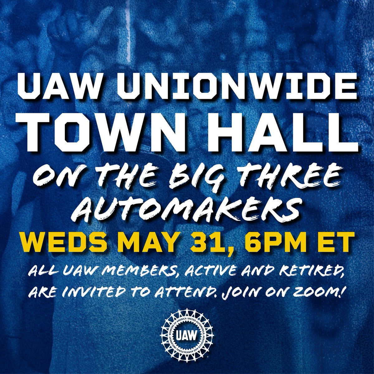 On Wednesday, May 31st, at 6pm ET join our first-ever UAW Unionwide Town Hall over Zoom. 

All UAW members, active and retired, are invited to attend. 

Register now and share widely with other UAW members. 

actionnetwork.org/events/uaw-uni…

#solidarity