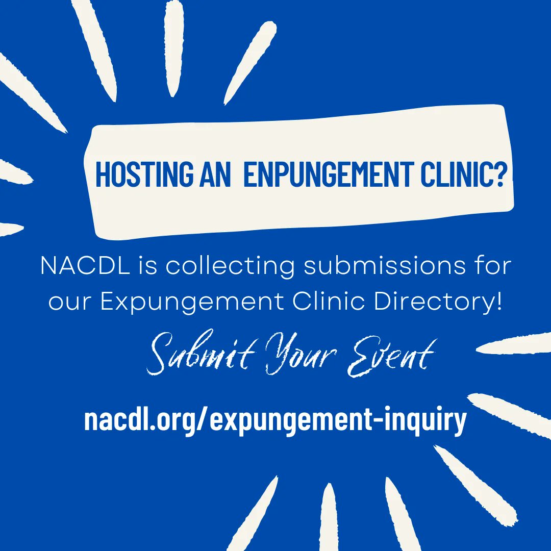 Over 70 million people in the US face the devastating collateral consequences of a criminal record. To support record clearance, NACDL developed an Expungement Clinic Directory to help share your clinics with the community. Submit your upcoming events: nacdl.org/expungement-in…