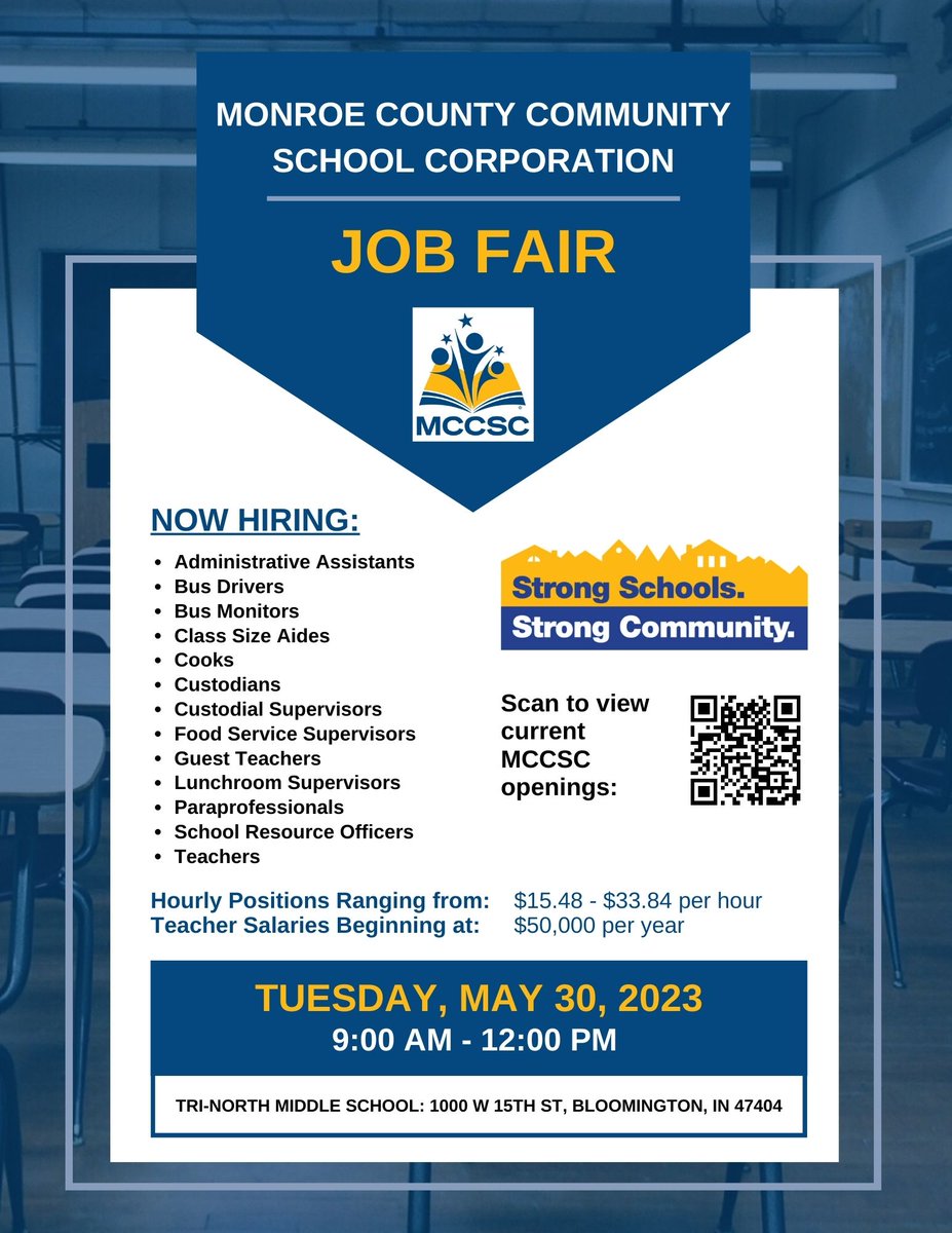 Save the date and share for the MCCSC Job Fair! Next Tuesday, May 30th 9am-12pm