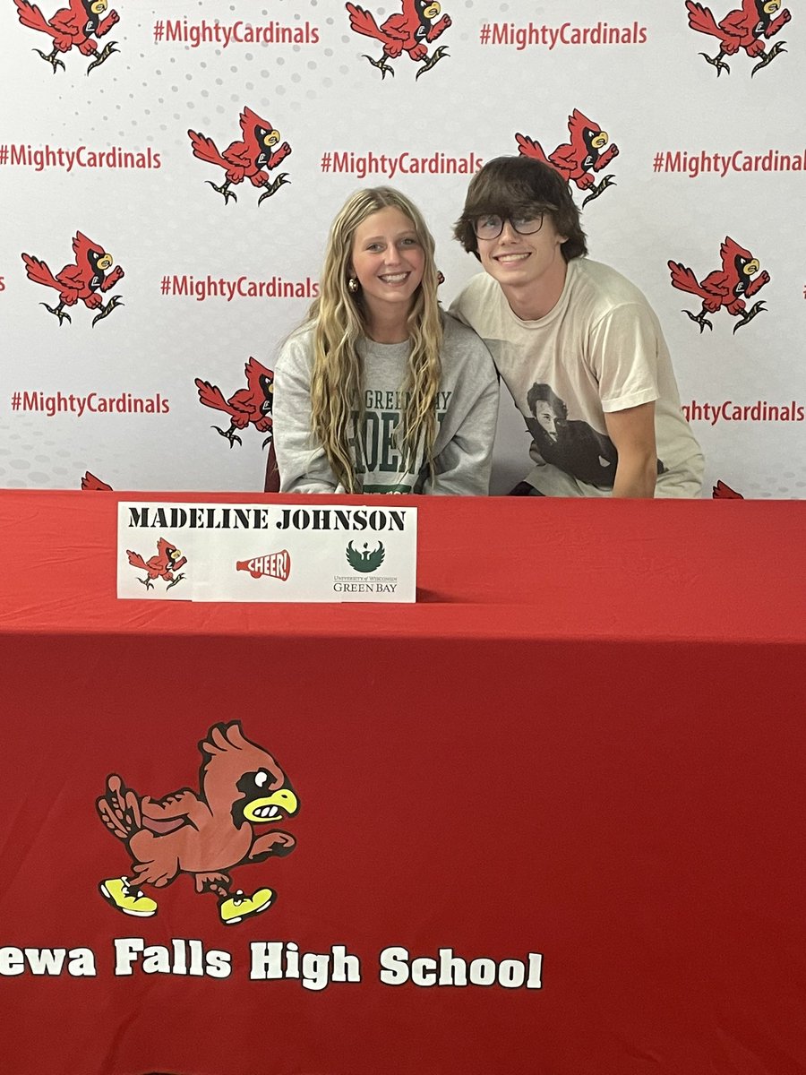 Thompsonswisdom's tweet photo. Congratulations and good luck to Madeline Johnson as she signs to attend UW Green Bay and Cheer next year! Once a cardinal, always a cardinal! #MightyCardinals https://t.co/4EpVGAGXqj