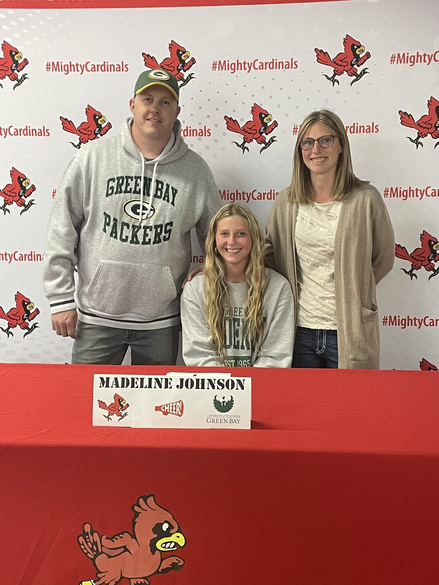 Thompsonswisdom's tweet photo. Congratulations and good luck to Madeline Johnson as she signs to attend UW Green Bay and Cheer next year! Once a cardinal, always a cardinal! #MightyCardinals https://t.co/4EpVGAGXqj