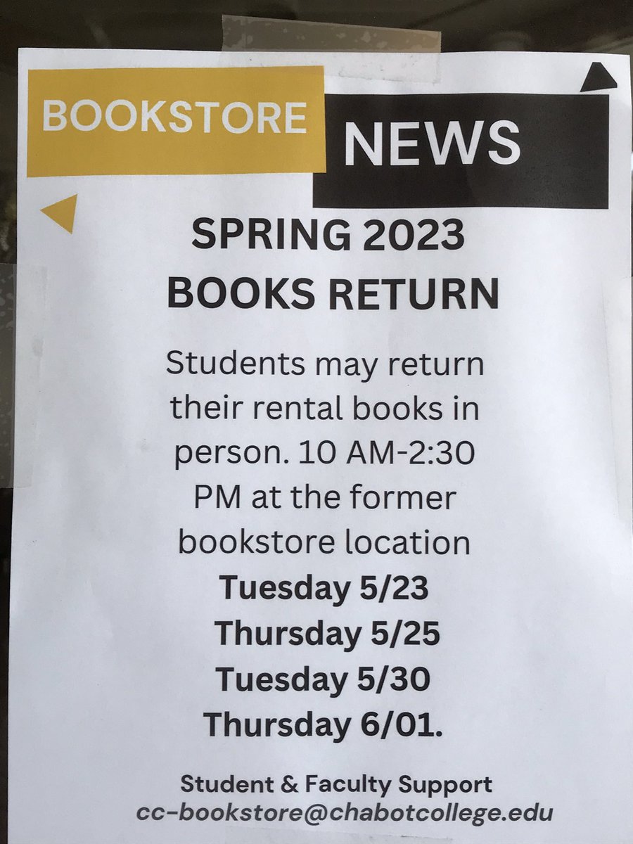 Important news for Chabot students who need to return books! All at the <a href="/chabot_college/">Chabot College</a> former bookstore college.