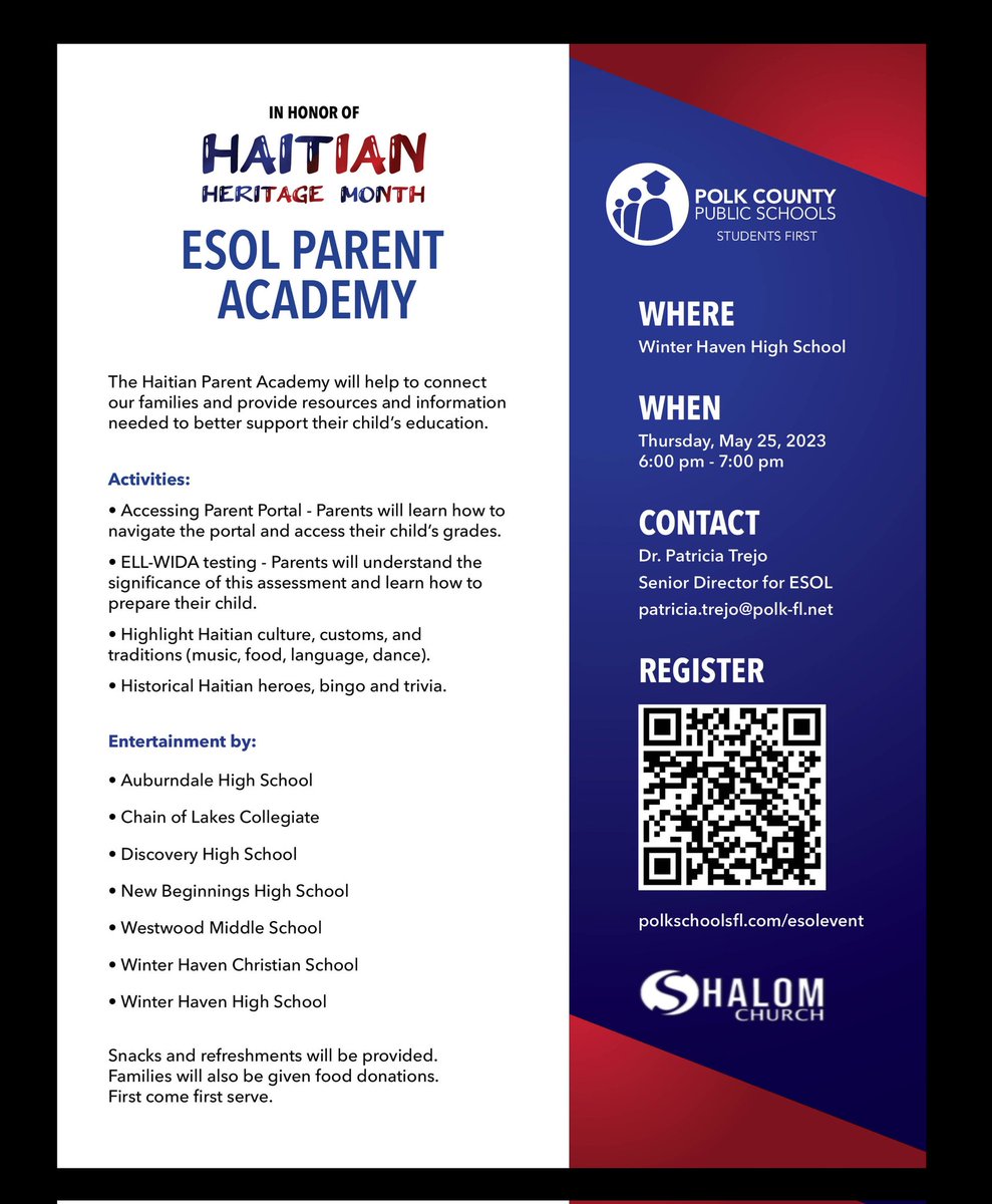 PTREJ0's tweet photo. In honor of #HaitianHeritageMonth we are hosting a Polk County Public Schools District-Wide #ESOL Parent Academy on 5/25 at Winter Haven High from 6-7pm. Looking forward to highlighting the language, culture, customs and traditions of our Haitian families.
https://t.co/JrFI5CRNRk https://t.co/uZQWzJueeA