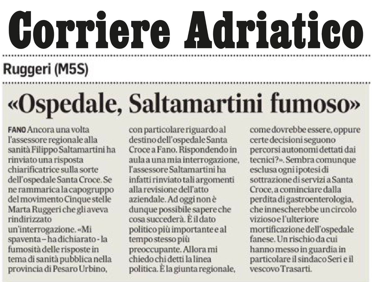 marta_ruggeri's tweet photo. Interrogazione di M5S sulla sanità
Chi detta la linea: la giunta o i tecnici?
Ruggeri: «Ancora fumo sul destino del Santa Croce, anche se il piano socio-sanitario è pronto»
Mi spaventa la fumosità delle risposte in tema di sanità pubblica nella provincia di Pesaro Urbino https://t.co/Yd202OpmQ4