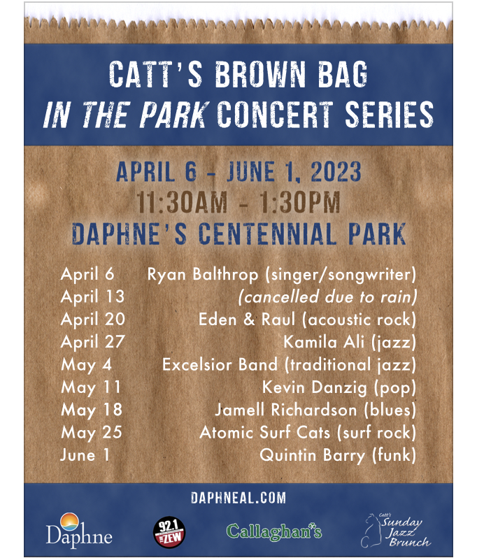 Join us TOMORROW, Thursday, May 25, 11:30 AM - 1:30 PM for Catt's Brown Bag in the Park. This week we welcome the Atomic Surf Cats to Daphne's Centennial Park. Grab your lunch, a chair and we'll see you there!