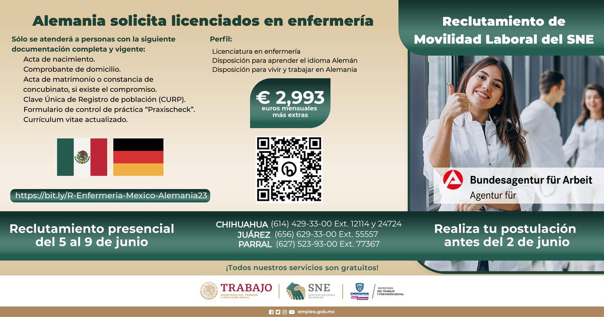 snechih's tweet photo. #Reclutamiento para Enfermería México-Alemania 📷📷
Realiza tu postulación: https://t.co/DrmYKgOJ3Y
Para mayor información comunícate de 9:00 a.m a 3:00 p.m. al (614) 429-33-00 extensiones 12114 Y 24724.
Fecha límite de postulación viernes 2 de junio.
#JuntosSíPodemos https://t.co/BOlBHXR0qP