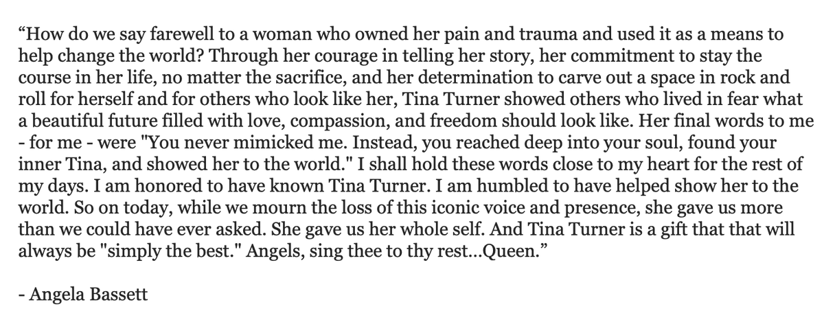 Variety's tweet photo. Angela Bassett pays tribute to Tina Turner: "While we mourn the loss of this iconic voice and presence, she gave us more than we could have ever asked. She gave us her whole self. And Tina Turner is a gift that that will always be 'simply the best.'" https://t.co/0zSzIw99Jr https://t.co/IHYvu6GVJs