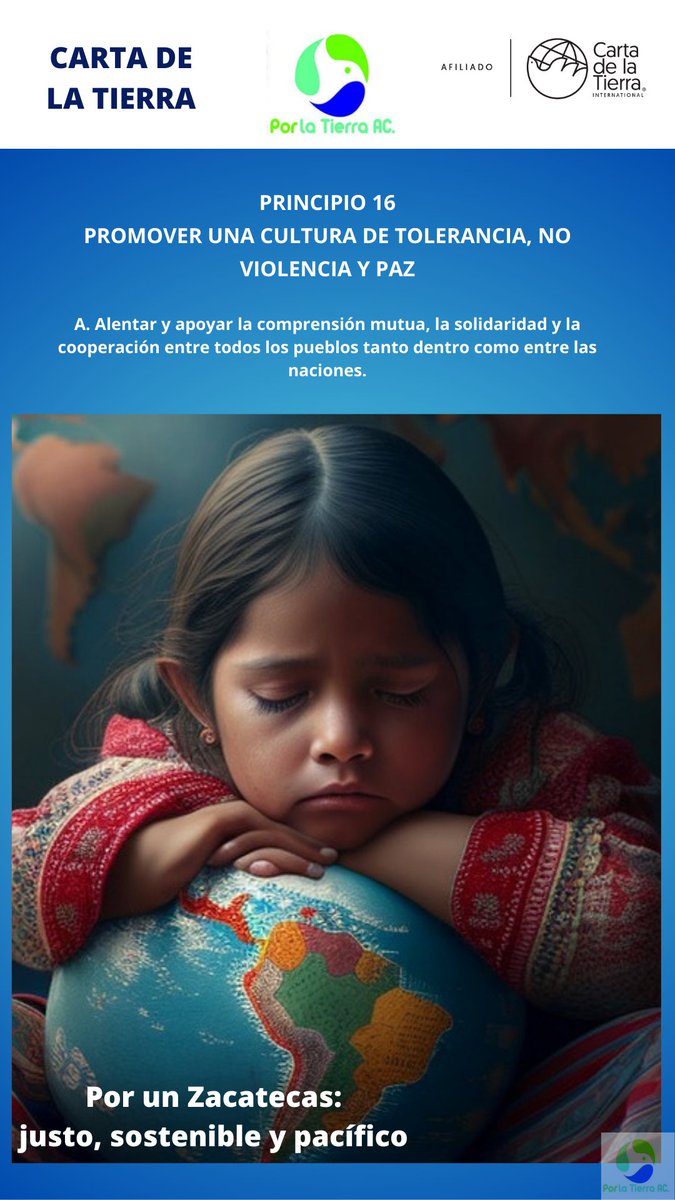 Lazoazul's tweet photo. Por un #Zacatecas más justo, sostenible y pacífico.

Carta de la Tierra Principio 16: Promover una cultura de tolerancia, no violencia y paz.

#CartadelaTierra #EarthCharter #culturadepaz #culturadetolerancia #estilodevidasostenible #NoViolencia @cartadelatierra https://t.co/7uWaoBxWlz