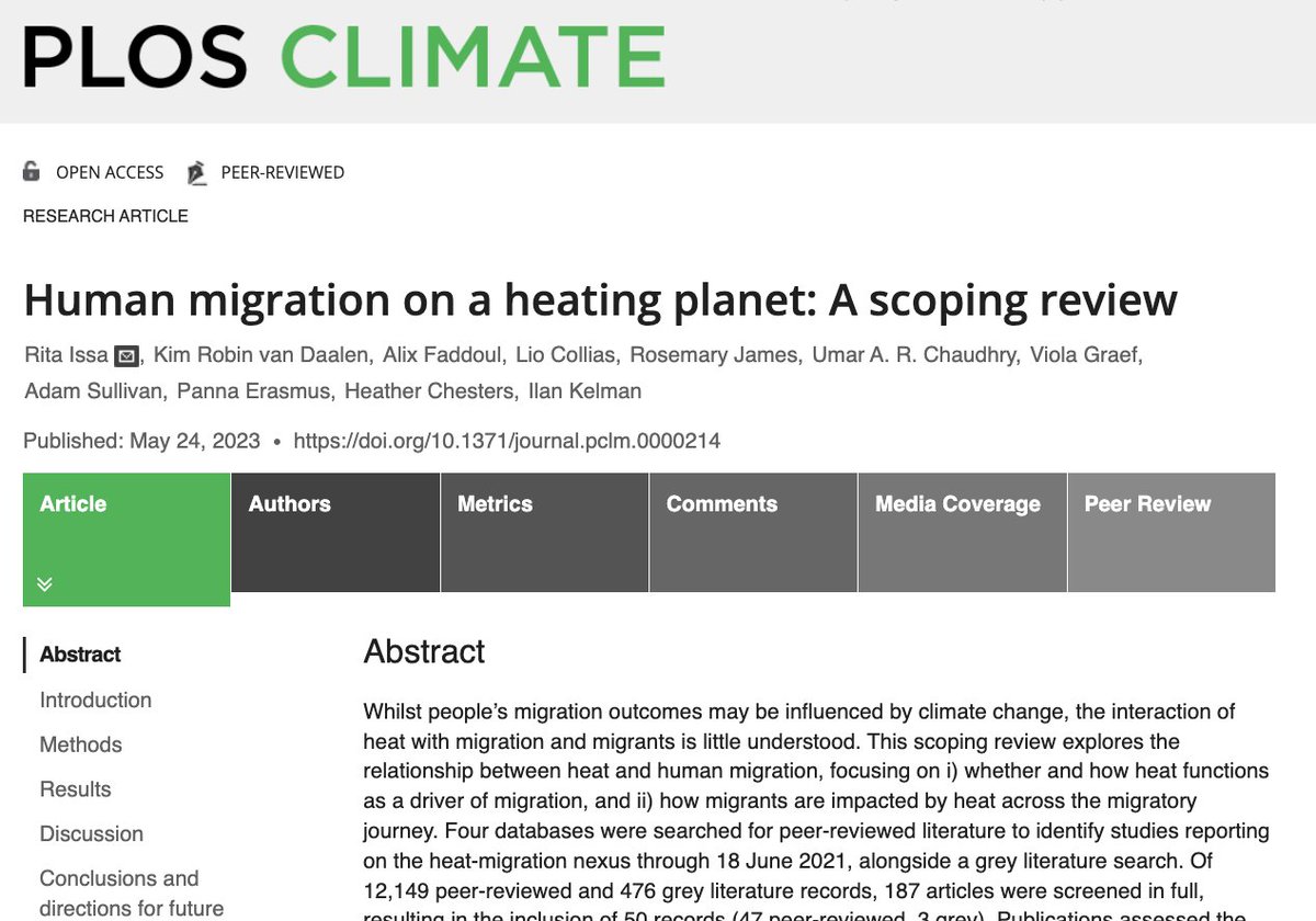 🚨Our new @PLOSClimate scoping review explores 1) whether and how heat☀️ functions as a driver of #migration, and 2) how migrants and their #health are impacted by heat across the migratory journey. Read full here ➡️ journals.plos.org/climate/articl…