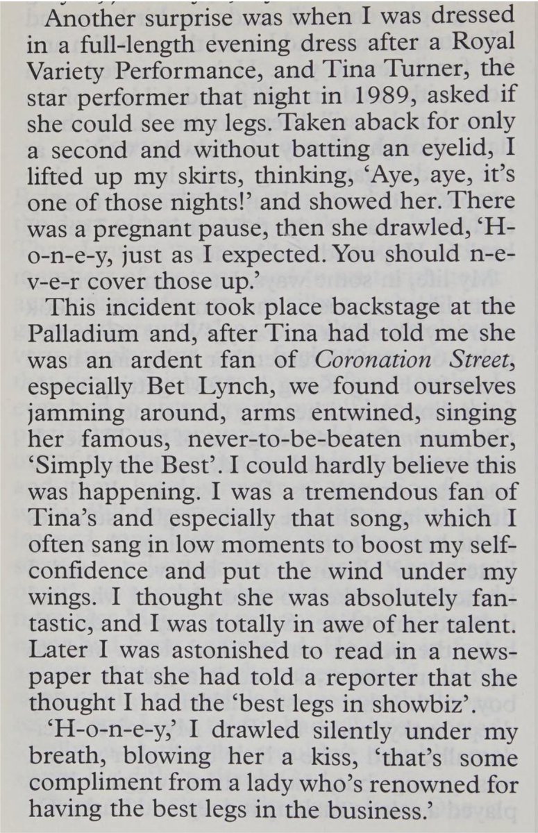 Julie Goodyear wrote in her autobiography about meeting Tina Turner at the Royal Variety Performance in 1989. Tina lavished praise on her legs, was an ardent fan of Coronation Street, and then sang Simply the Best with Julie. Iconic!!!