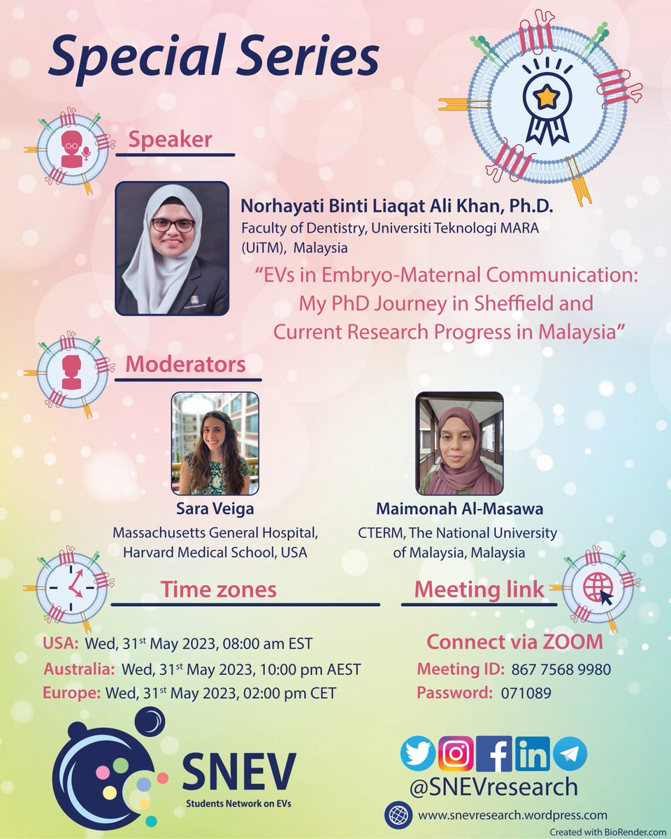 Are you ready for the next #SNEV Special Series?

Next week, May 31, Norhayati Binti will tell us about her Ph.D. journey and the current research in Malaysia. #EmbryoEVs

Check the details of this talk in the attached poster, and join us!
Time-zone here: time.is/0600_31_May_20…