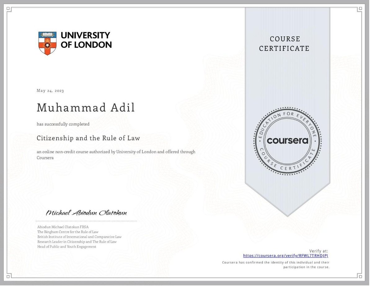 Successfully completed coursera online course of Citizenship and Rule of Law offered by University of London
#UniversityofLondon 
#coursera 
#Law
QAU