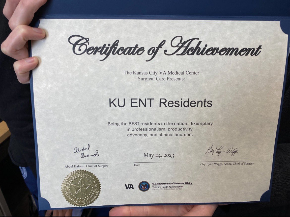 Kansas City VA Medical Center Surgical Care @VAKansasCity recognized our #residENTs @KU_ENT @KUMedCenter for being the BEST residents in the nation🥇 Exemplary professionalism, productivity, advocacy, and clinical acumen🌟 #ENTsurgery #WeAreOto #OHNS #OtoHNS #MedTwitter