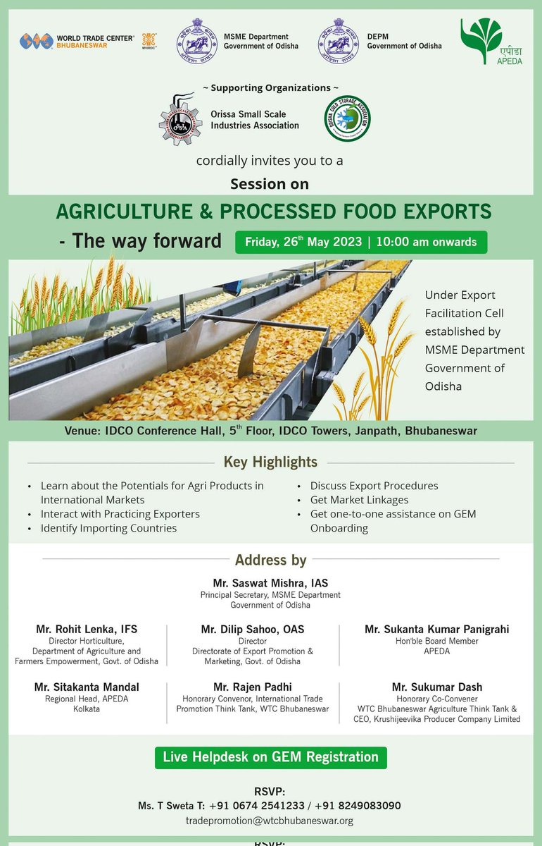 wtc_bhubaneswar's tweet photo. *Live helpdesk on GEM Registration available
Date - Friday, 26th May 2023
Registration starts at - 10 am
Venue - Conference Hall, IDCO Towers, Janpath, Bhubaneswar
Location - https://t.co/TGkZLvRn3S
#agriculture #processedfood #GEMregistration #internationaltrade https://t.co/QKCNrTSeeY