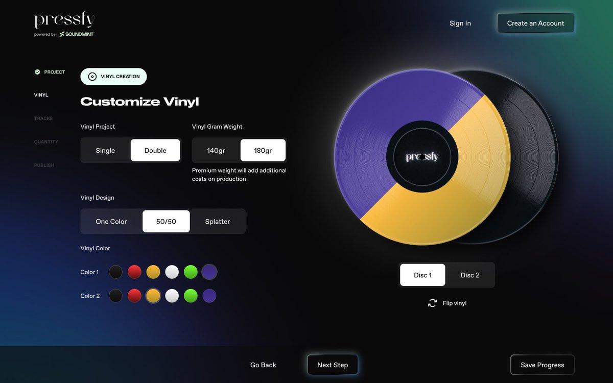 Want a vinyl? two? 
Want solid color? What about half and half? Or splatter? 

All possible with <a href="/presslyxyz/">Pressly</a> 
Gearing up to launch beta soon ✨