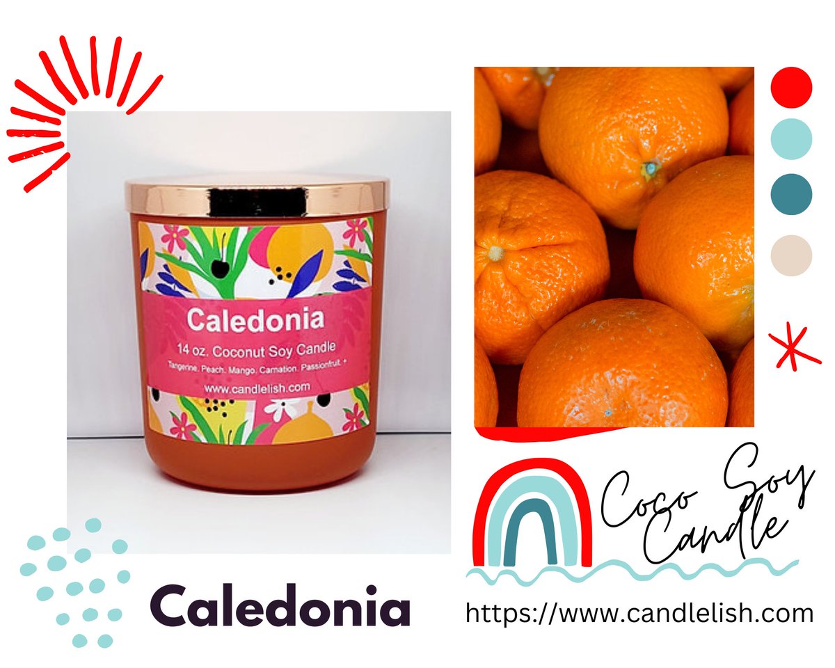 Indulge in the tropical, fruity goodness of Caledonia scented candle. This sparkling blend opens with notes of tangerine and peach that make for a juicy pairing.
candlelish.com #roomspray #soycandles #vegan #crueltyfree #ecofriendlyproducts #candles #cocoapricot