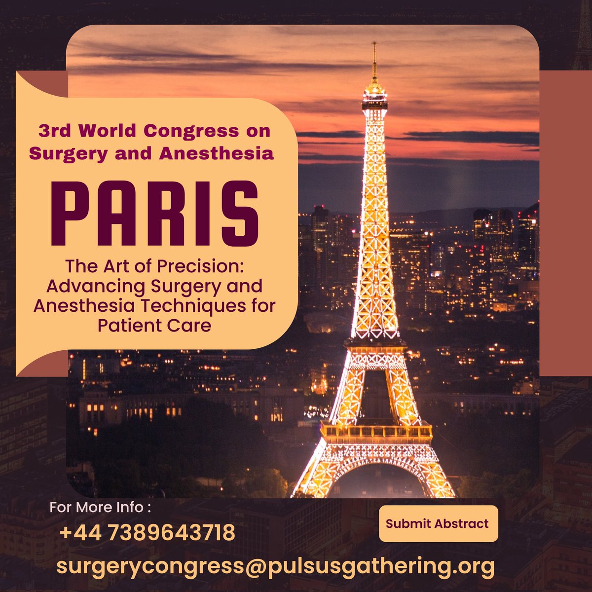 Surgery & Anesthesia Congress (@anesthesiaforum) on Twitter photo "๐ข ๐ฉบ Join us at the prestigious Surgery Congress in Paris, where groundbreaking research meets brilliant minds. ๐ Submit your abstracts now for a chance to showcase your innovative work on a global stage.
surgery-anaesthesia.cmesociety.com/abstract-submiโฆ
#SurgeryCongressParis #InnovationInSurgery" "๐ข ๐ฉบ Join us at the prestigious Surgery Congress in Paris, where groundbreaking research meets brilliant minds. ๐ Submit your abstracts now for a chance to showcase your innovative work on a global stage.
surgery-anaesthesia.cmesociety.com/abstract-submiโฆ
#SurgeryCongressParis #InnovationInSurgery"