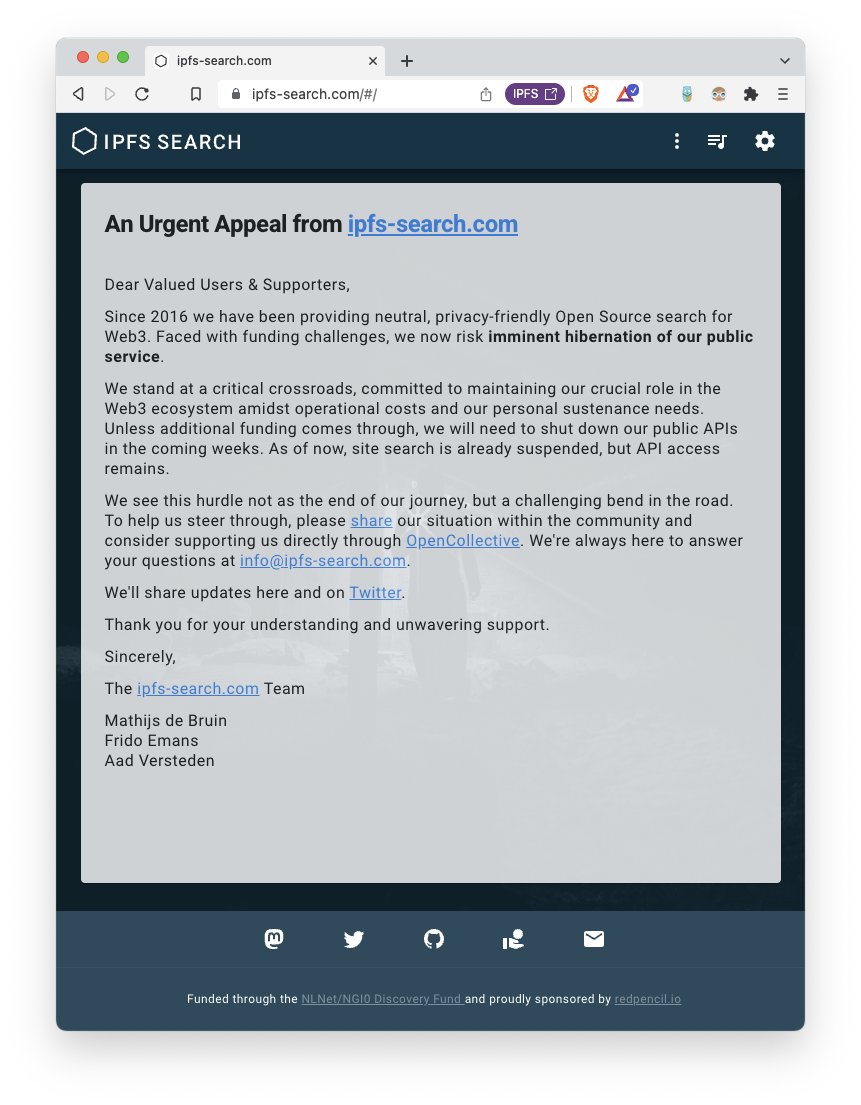 SearchIpfs's tweet photo. Save our #OpenData! Facing the impending shutdown 🥺of https://t.co/UUdngGvHcI, we want to be sure that at least our index's snapshots are saved. It's 134 TB of S3. Who helps publish this to @Filecoin and/or @IPFS? https://t.co/Z6ql1Q6v1s #SaveIPFSSearch https://t.co/kR7XKqYSOg