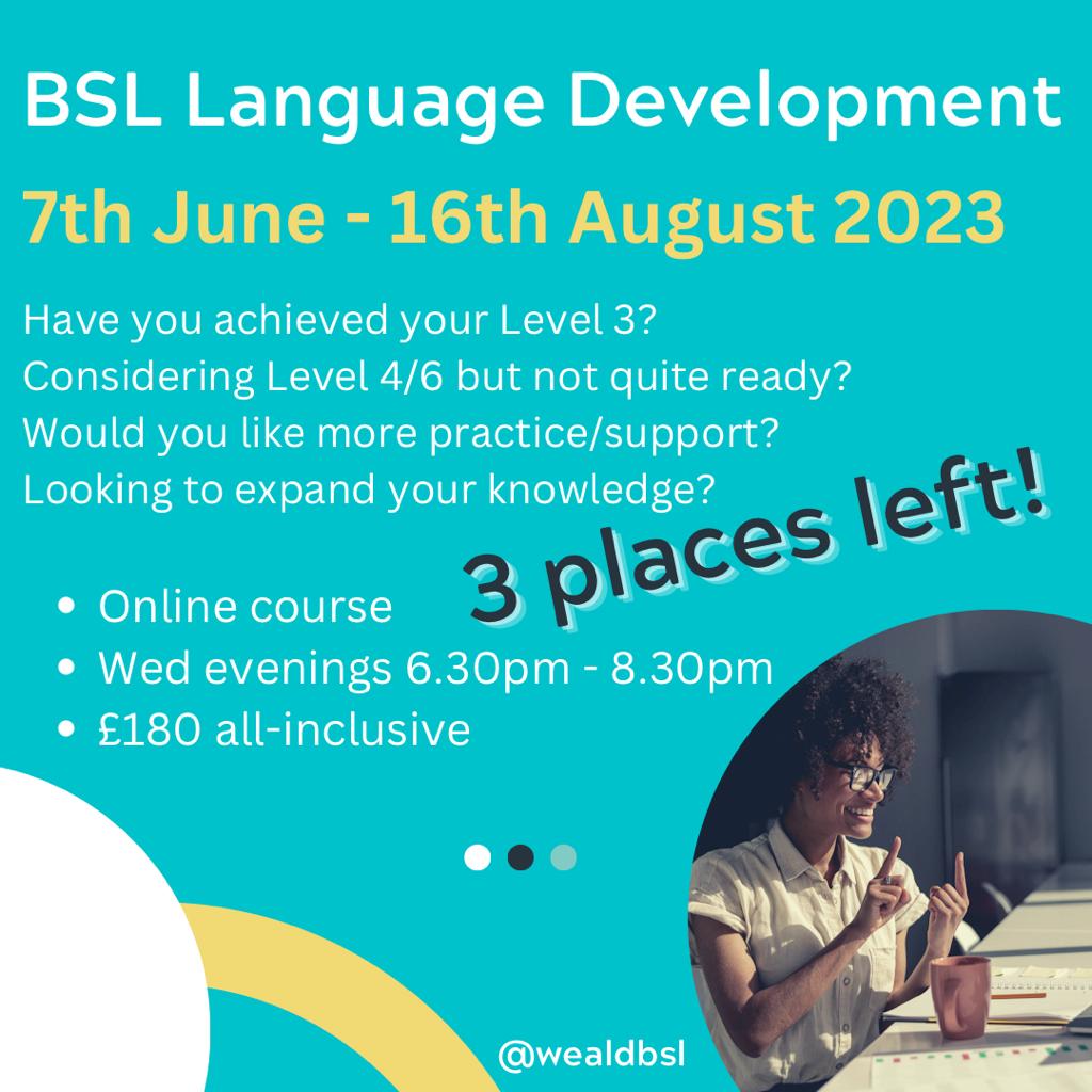 Only 3 places left - Don’t miss out on the opportunity to join this course for ten weeks! Closing date is Monday 29th May.
DM me or email info@weald.co.uk to book your place
#BSL #learnbsl