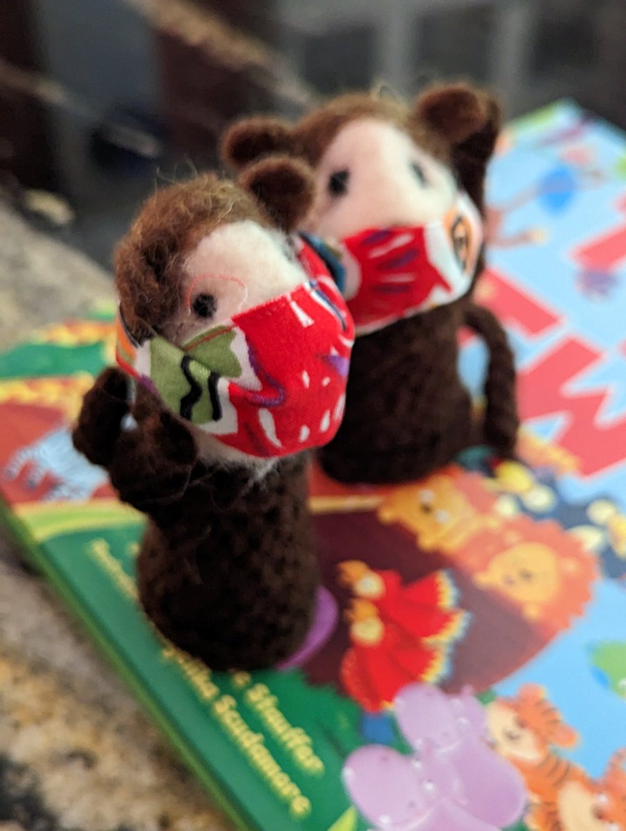 LisaLStauffer's tweet photo. I was in a panel about #kidlit last night, reminiscing about my book launch with #monkeys2. Went to find the little guys and they've still got on their masks from the early days of the pandemic! Obviously it's time to get them out in the world again... https://t.co/92NKYWGQRF