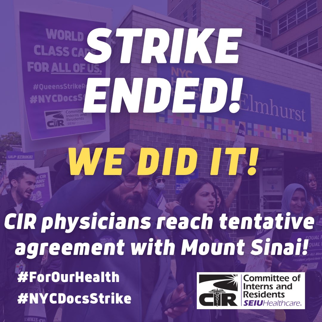 A huge victory! We fought hard rallied with our community, went up against an $11 billion a year corporate health behemoth— and we WON. Because we stood united and we knew that we're on the right side fighting to build a more just & equitable society.

#NYCDocsStrike