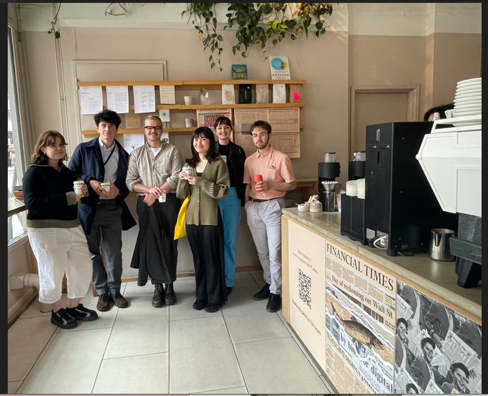 lifeatFT's tweet photo. To mark 130 years since we began printing on our iconic pink paper, we partnered with @rosslyncoffee to create a special edition ‘Pink Press’ coffee. Here are a few of our interns enjoying their coffees in the FT decorated Rosslyn on Queen Victoria St. #internships #lifeatft https://t.co/zicQ3OQMd7