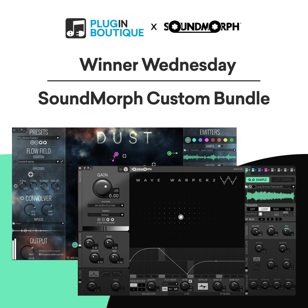 PluginBoutique's tweet image. To celebrate @SoundMorph joining the Plugin Boutique family. We&apos;ve partnered up to giveaway a copy of their Custom Bundle!

To enter, simply do the following:

Follow us: @PluginBoutique  

&amp;amp; retweet this tweet! ​ 

​The winners will be announced next Wednesday.