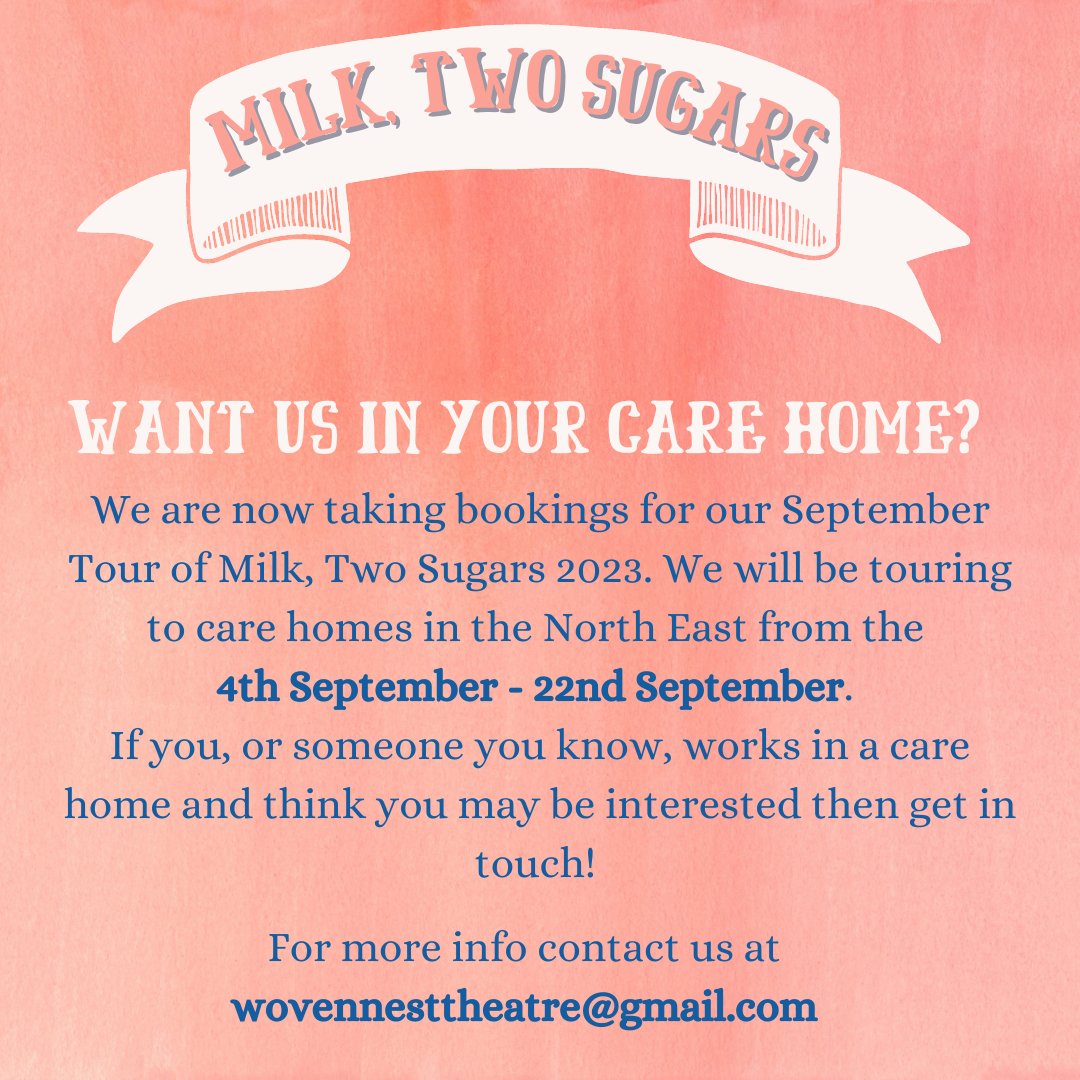 Want us in your care home? Get in touch! 

Help us spread the word, if you know of a care home who might be interested, link them below! 

#arts #sensorytheatre #artsanddementia #carehomesuk #artsaccessforall #artsforsocialchange #hydration